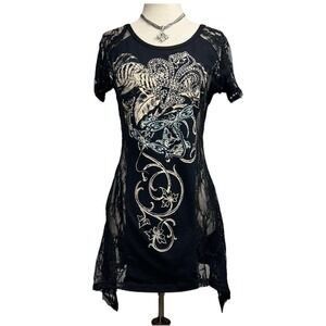 Women's Y2K Grunge Asymmetrical Mini Dress Sheer Lace Fleur De Lis Rhinestones
